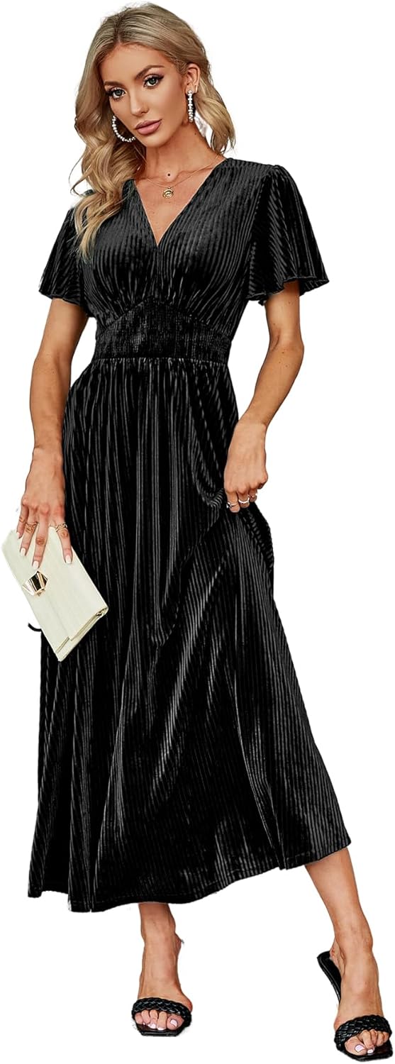 Elegant V Neck Velvet Maxi Dress for Wedding Guests and More