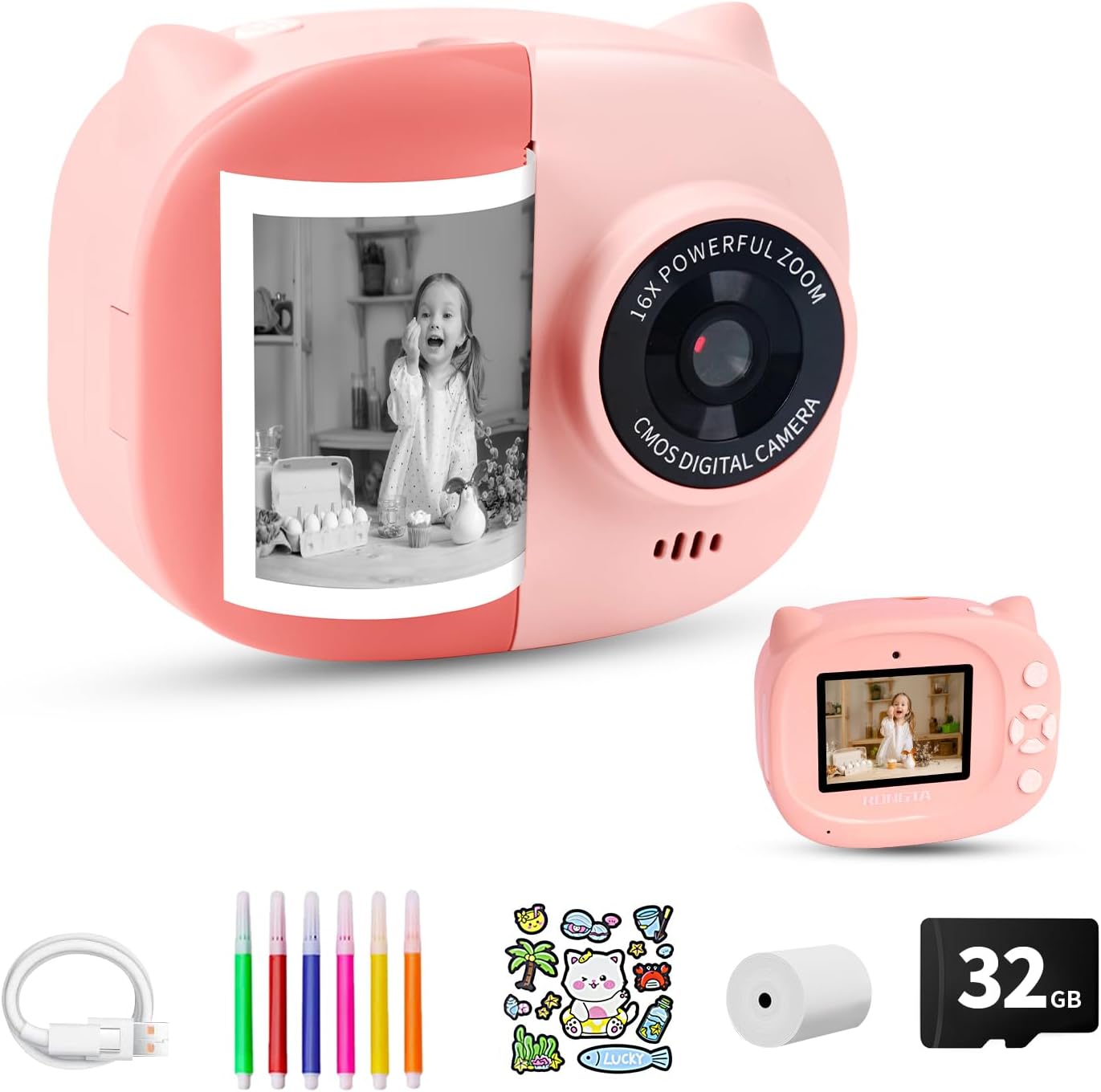 1080P HD Dual-Lens Creative Pink Instant Camera by Rongta - Kid's Music & Story Player