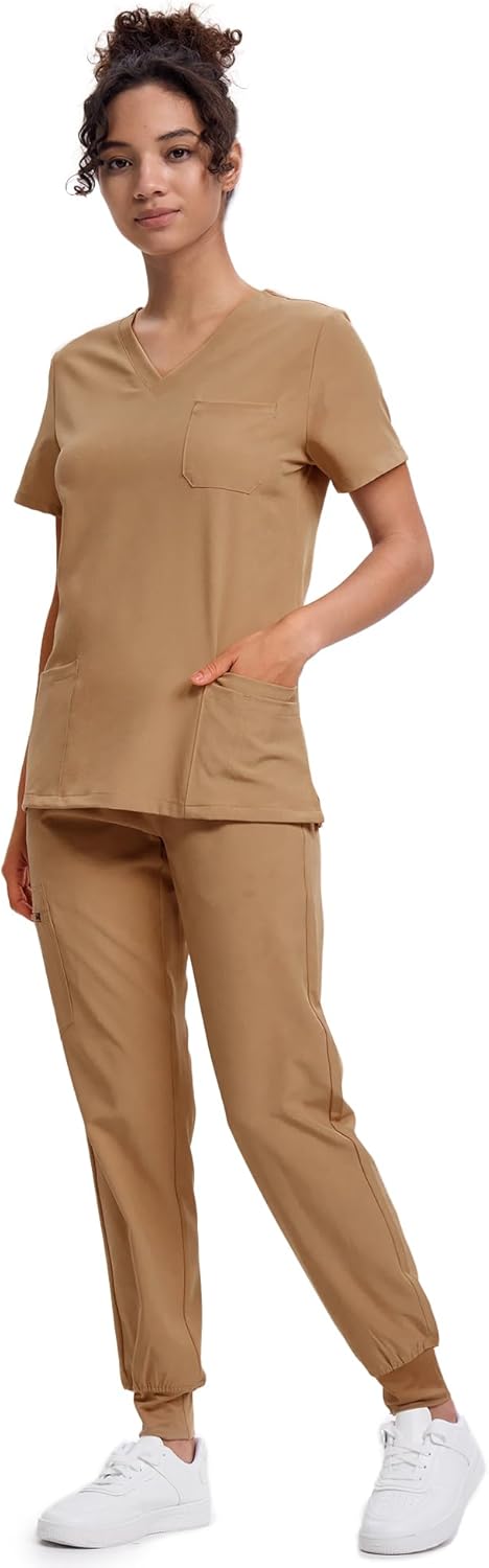 Women's V-Neck Scrubs Top & Cargo Pants Set with 10 Pockets