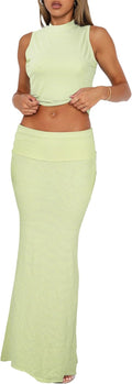 Skirt Sets Women 2 Piece Outfits - Sexy Tank Crop Top & Fold Over Maxi