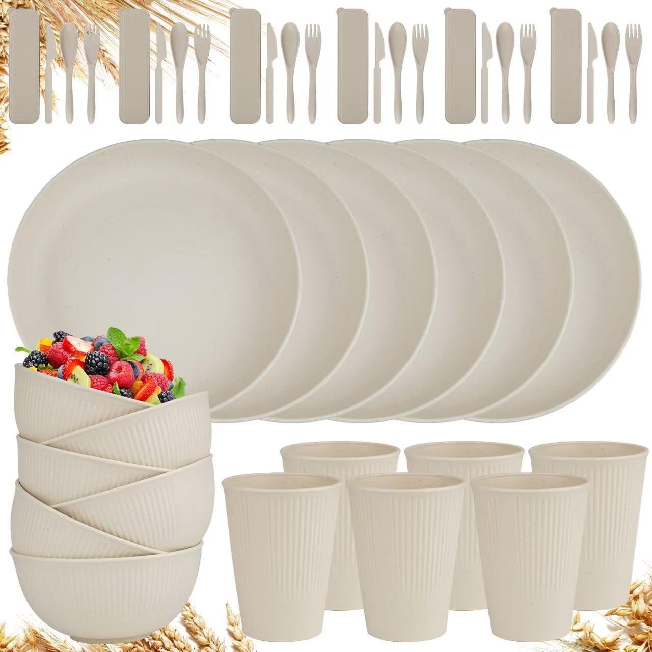 42-Piece Wheat Straw Dinnerware Set for Kitchen and Camping