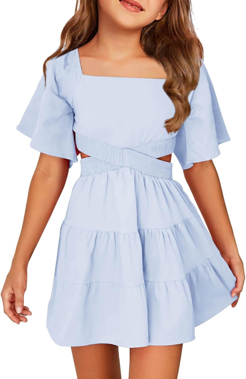 Batermoon Girls Summer Dress with Square Neck and Short Sleeves