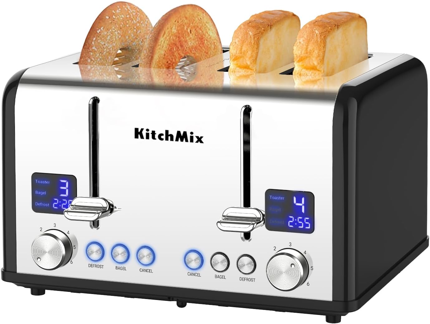 KitchMix 4 Slice Stainless Toaster with LCD Timer and Dual Controls