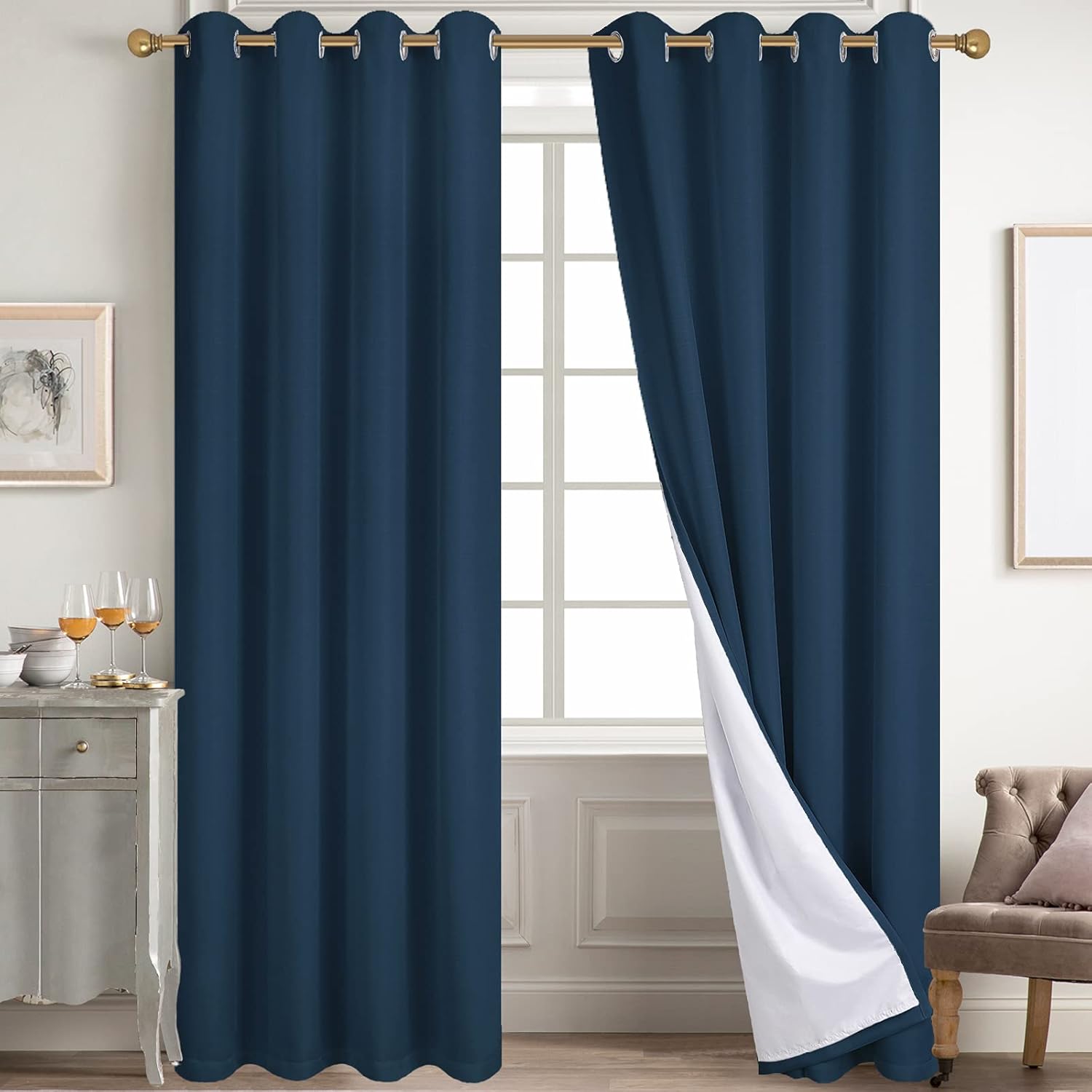 Diraysid 100% Blackout Curtains for Bedroom - Navy Blue Linen