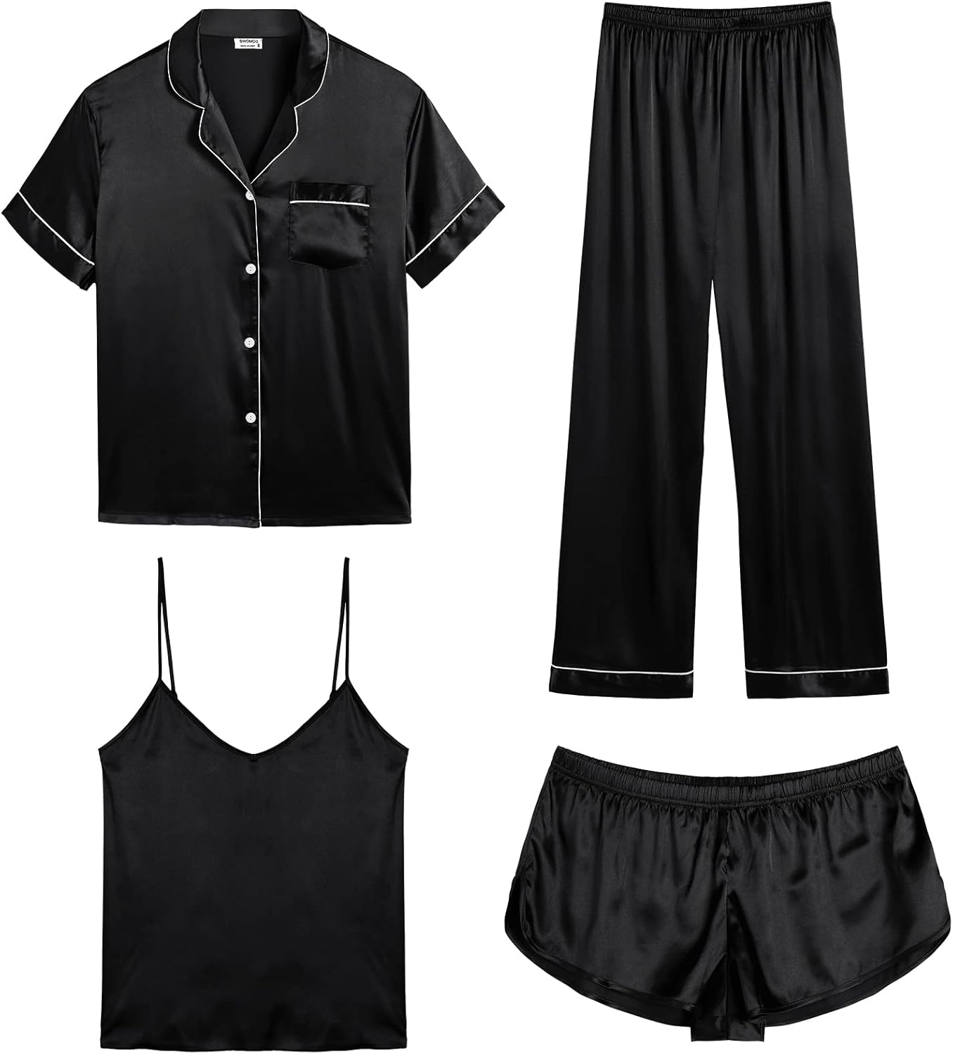 Luxurious SWOMOG Womens Silk Satin Pajamas 4pcs Sleepwear Set