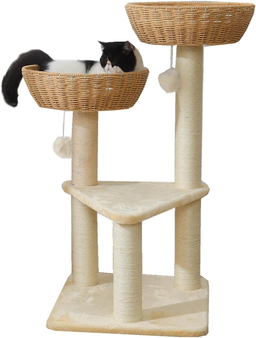 SHENGOCASE Cat Tree Tower with Rattan Baskets for Large Cats