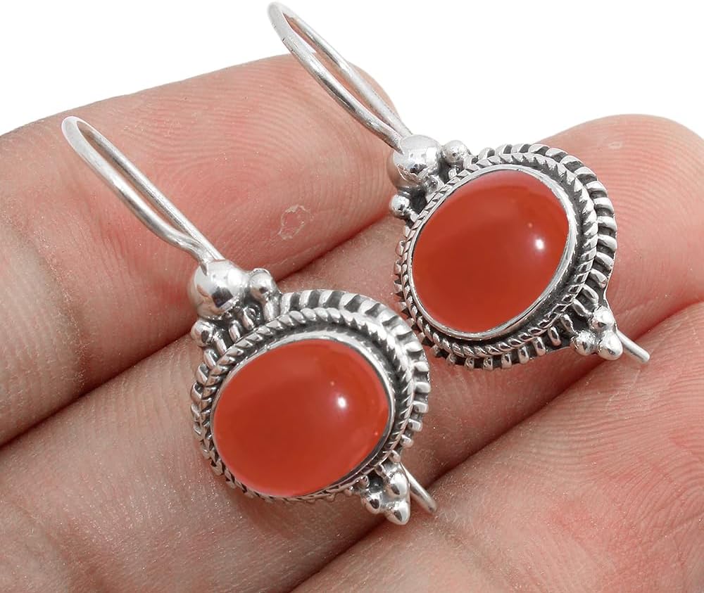 Solid 925 Sterling Silver Dangle Earrings with Red Onyx Gemstone