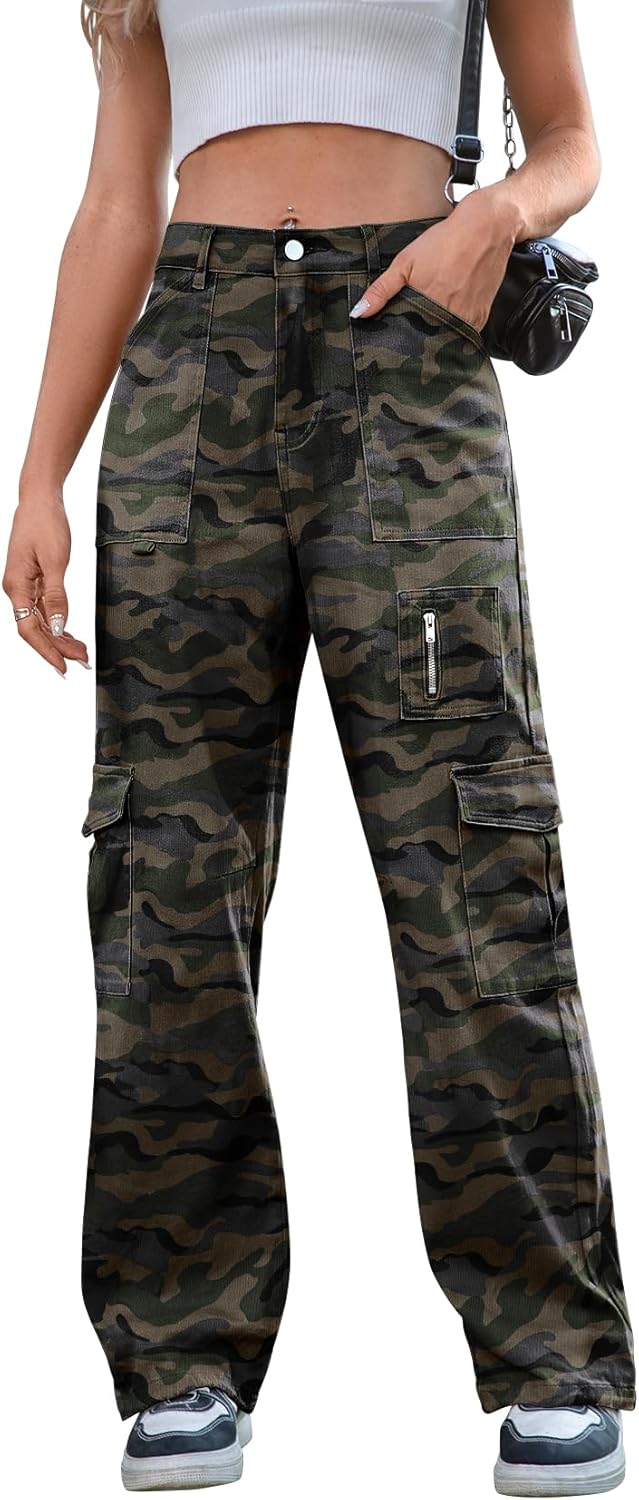 IVIR Cargo Pants Women High Waist Wide Leg Casual Trousers