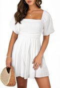 AlvaQ Womens Puff Sleeve Square Neck Short Romper - Flattering Fit