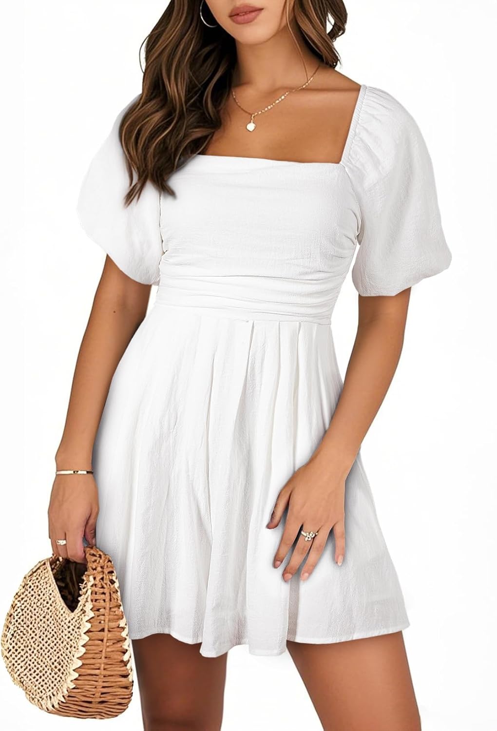 AlvaQ Womens Summer Cute Puff Sleeve Elastic Square Neck Romper