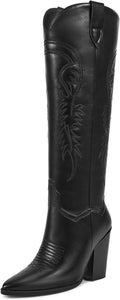 ISNOM Women's Cowgirl Knee High Boots - Western Embroidered Block Heel