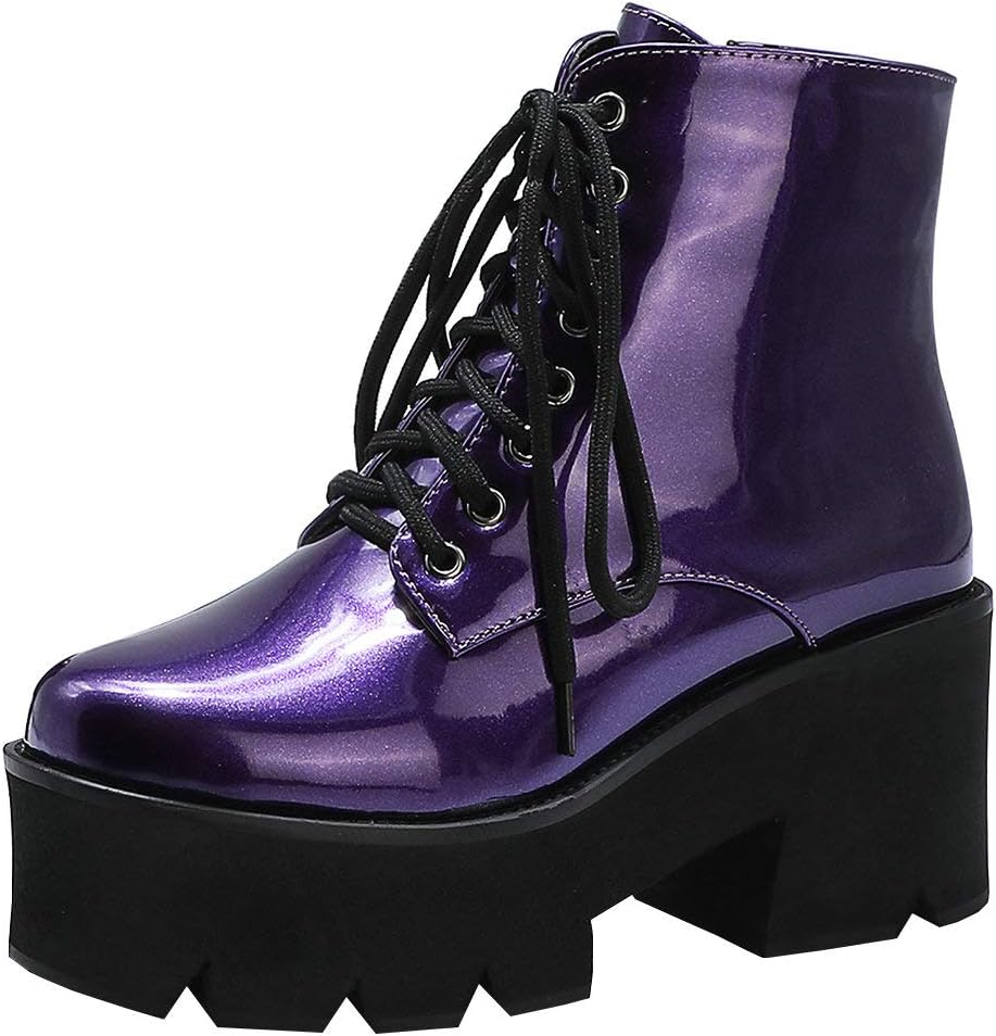 Parisuit Womens Goth Patent Ankle Boots for Punk Style Lovers