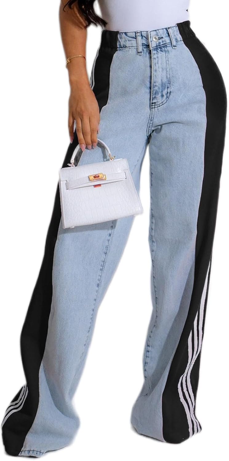 Trendy High Waisted Stretchy Denim Wide Leg Jeans for Women