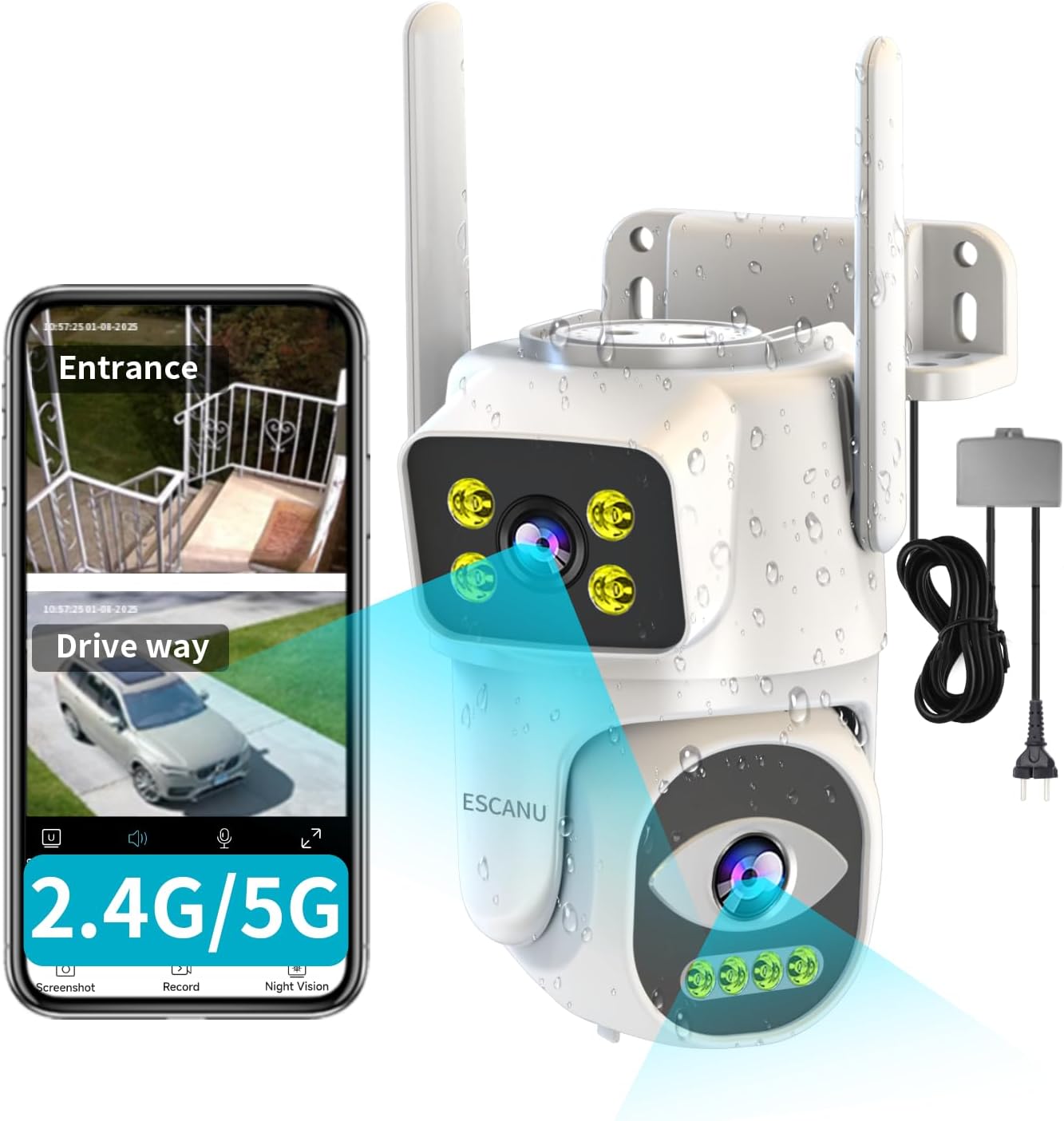 ESCANU Outdoor Security Camera: Dual Lens, Auto Tracking, Night Vision