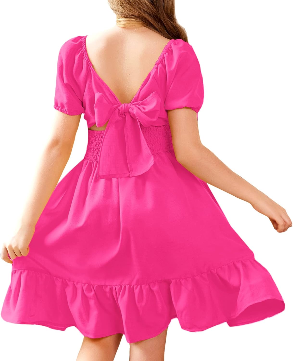 Arshiner Girls Tie Back Short Sleeve Ruffle Hem Dress 4-12