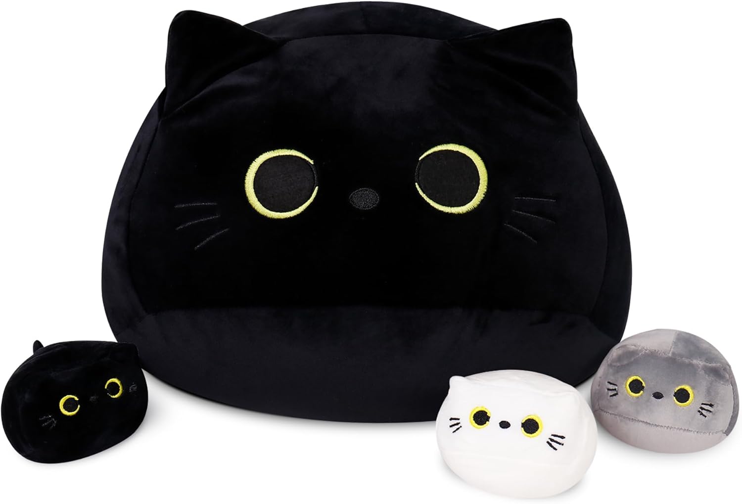 4PCs Black Cat Plush Toy with 3 Babies for Cuddly Comfort
