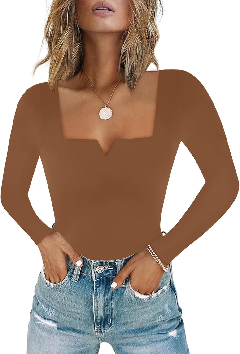 Chunpin Women's Square Neck Notch V Neck Bodysuit for Outfits