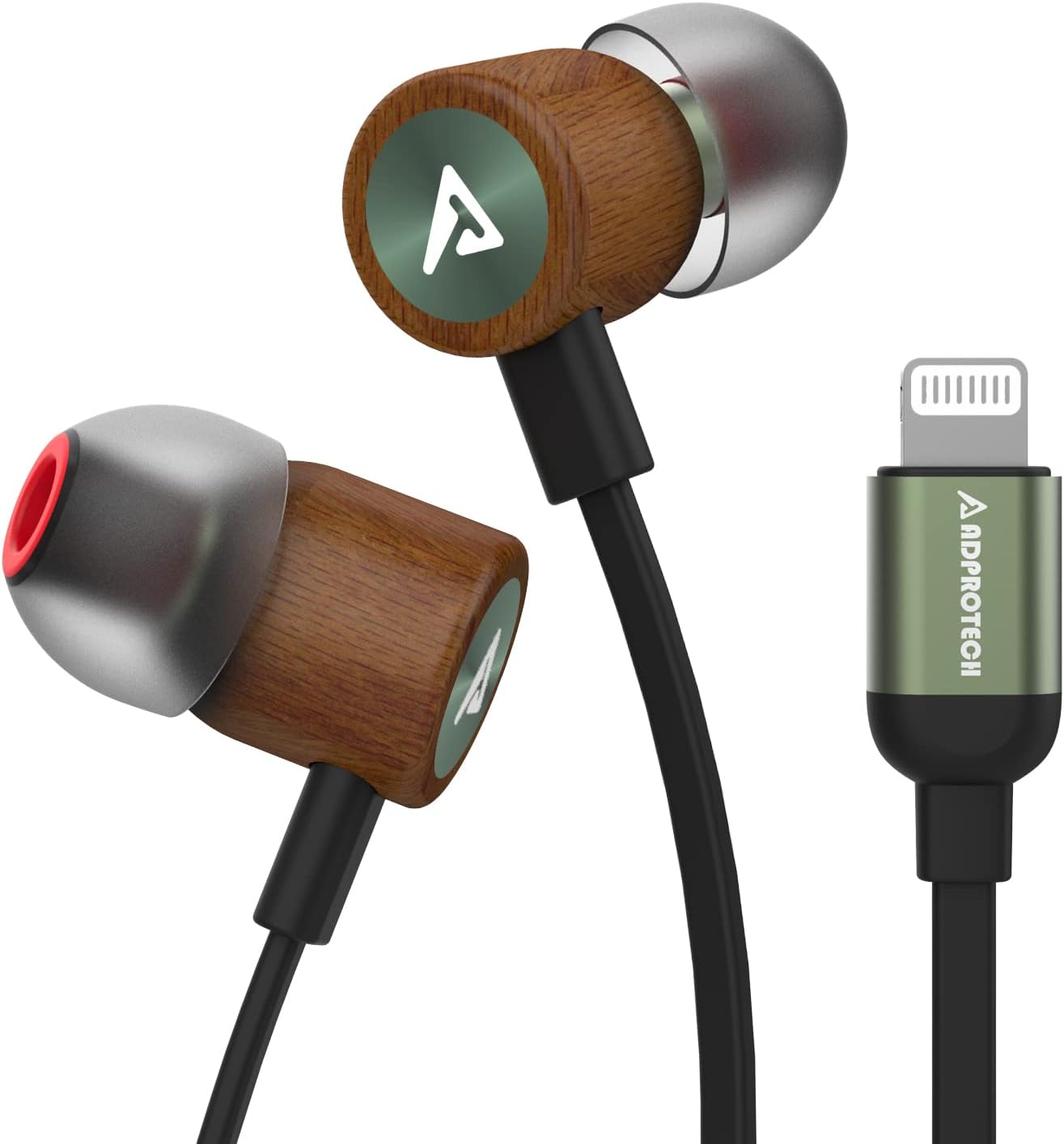 ADPROTECH Lightning Earbuds: MFi Certified, Wood Design, Dark Green