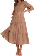 Women Casual Long Sleeve Crew Neck Fall Dress Bohemian Flowy Maxi
