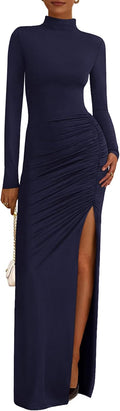 Long Sleeve Mock Neck Ruched Bodycon Maxi Dress for Women