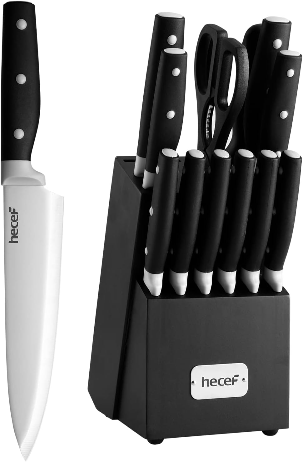 hecef Kitchen Knife Block Set - 14 Pieces Cutlery Set with Sharpener