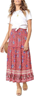 Boho Floral Print Elastic High Waist Pleated Maxi Skirt