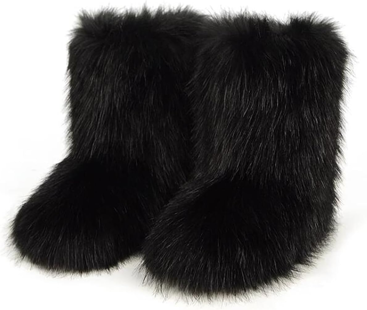 Furry Faux Fur Boots for Women - Cozy Mid Calf Snow Booties
