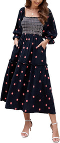 Women Floral Embroidered Seersucker Maxi Dress - Boho Pockets