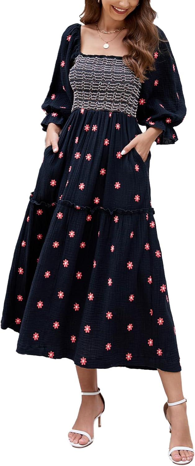 Women Floral Embroidered Maxi Dress with Puff Sleeves and Pockets