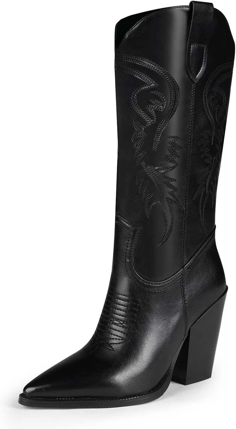 ISNOM Cowboy Boots for Women - Stylish Pointed Toe Chunky Heel