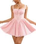Womens Summer Mini Dress Square Neck Tie Front Lace - Backless Bodycon