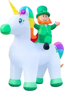 9ft St Patricks Day Inflatable Leprechaun Riding Unicorn Decor