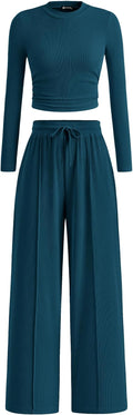 PRETTYGARDEN Women's 2 Piece Set - Cozy Crop Top and Wide Leg Pants
