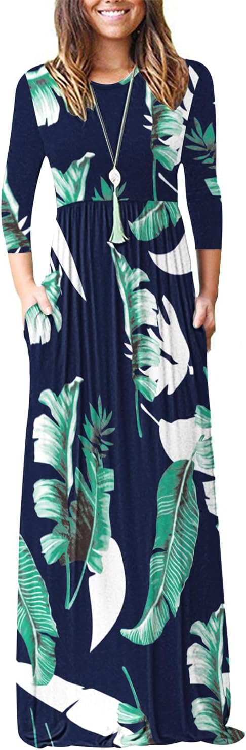 WNEEDU Women's 3/4 Sleeve Casual Maxi Dress with Pockets