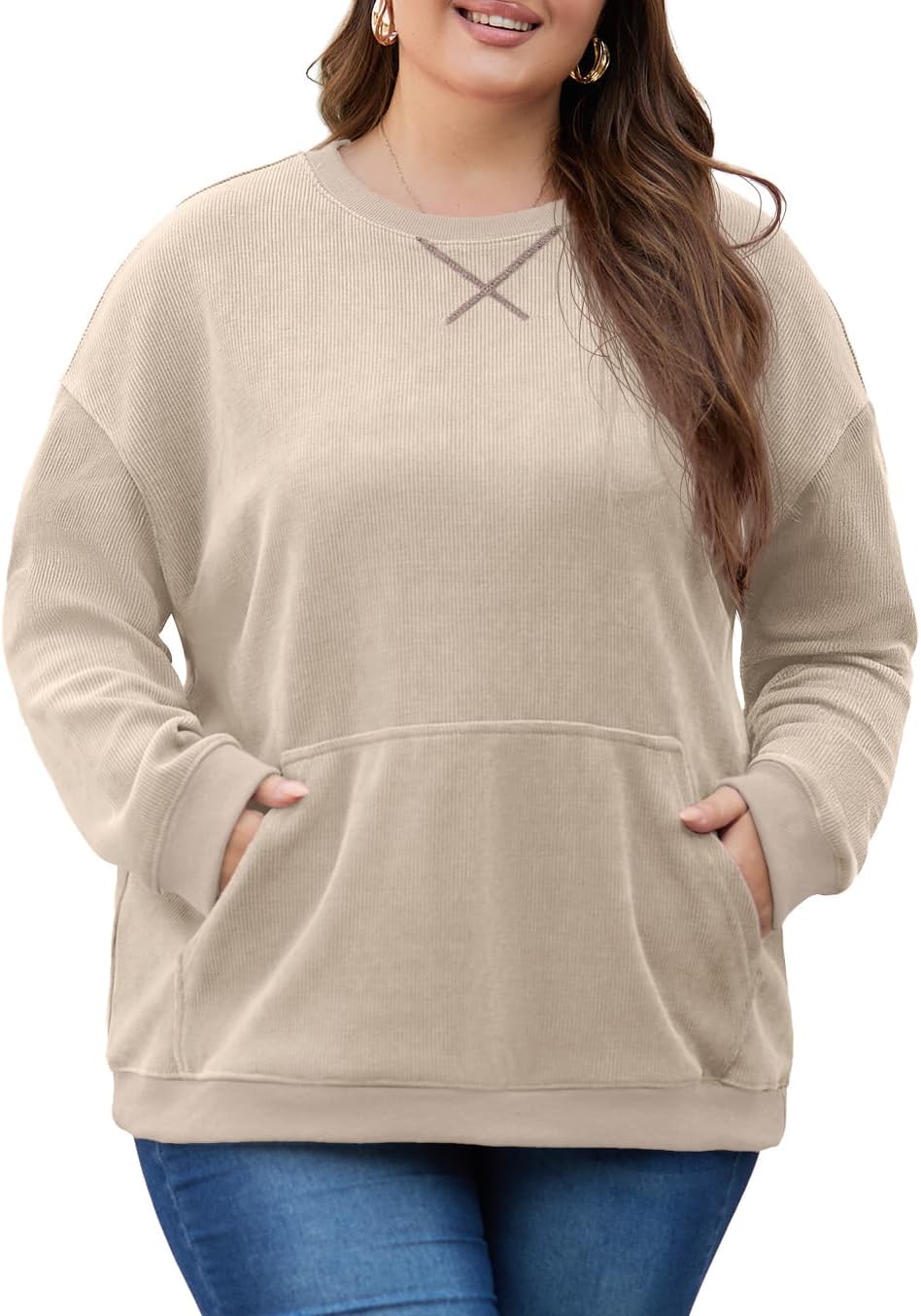 OLRIK Women Plus Size Oversized Corduroy Sweatshirt with Pocket