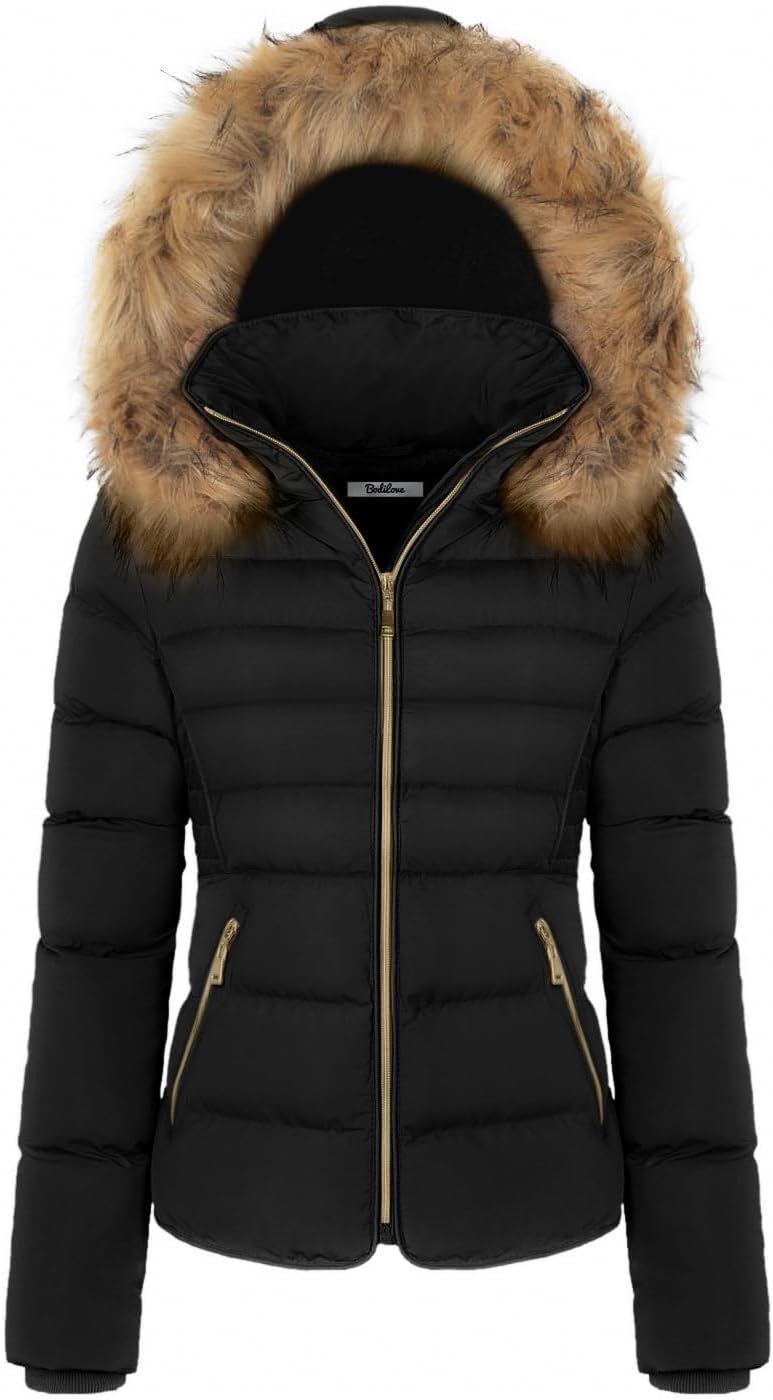 BodiLove Women's Fur Hooded Thickened Jacket for Winter Warmth