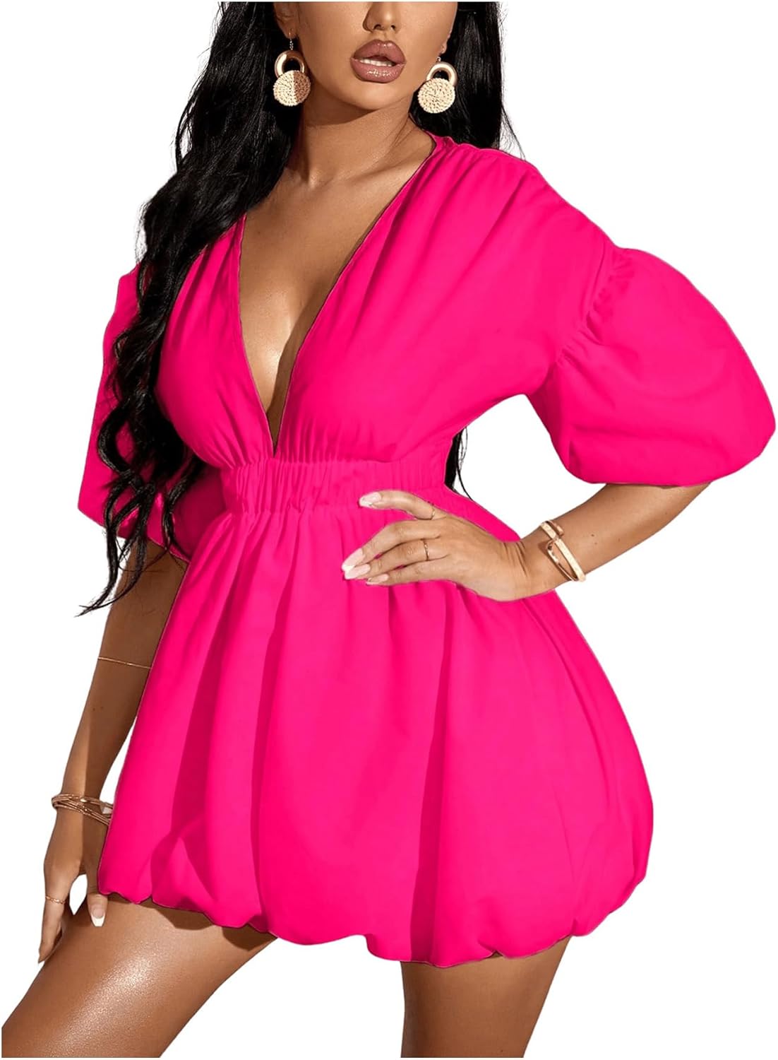 WDIRARA Women's Deep V Neck Puff Sleeve High Rise Flare Dress