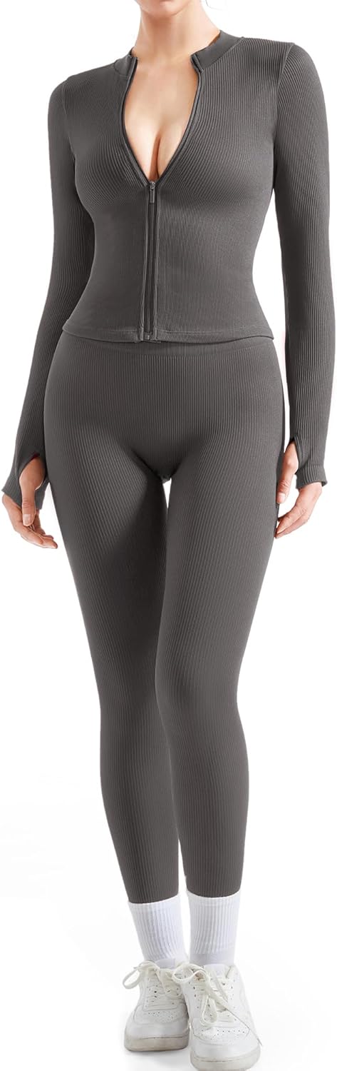 SUUKSESS Women 2 Piece Seamless Ribbed Workout Sets for Fitness