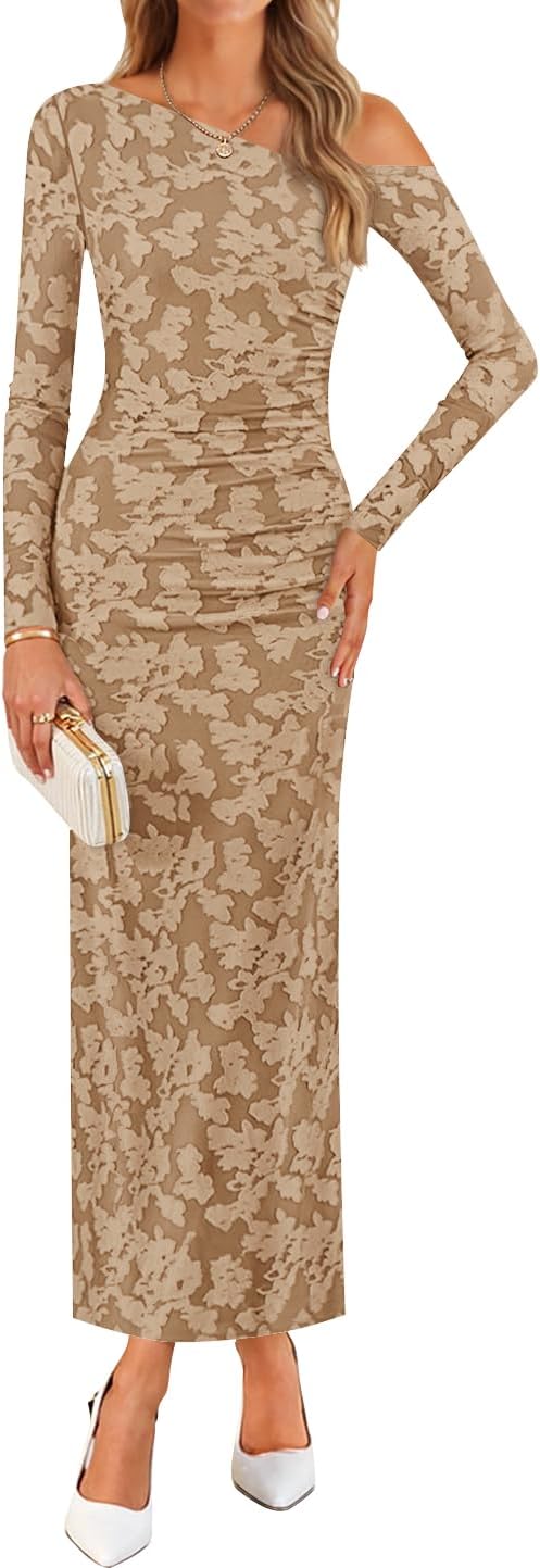 ZESICA Women's Fall Floral Off Shoulder Bodycon Maxi Dress