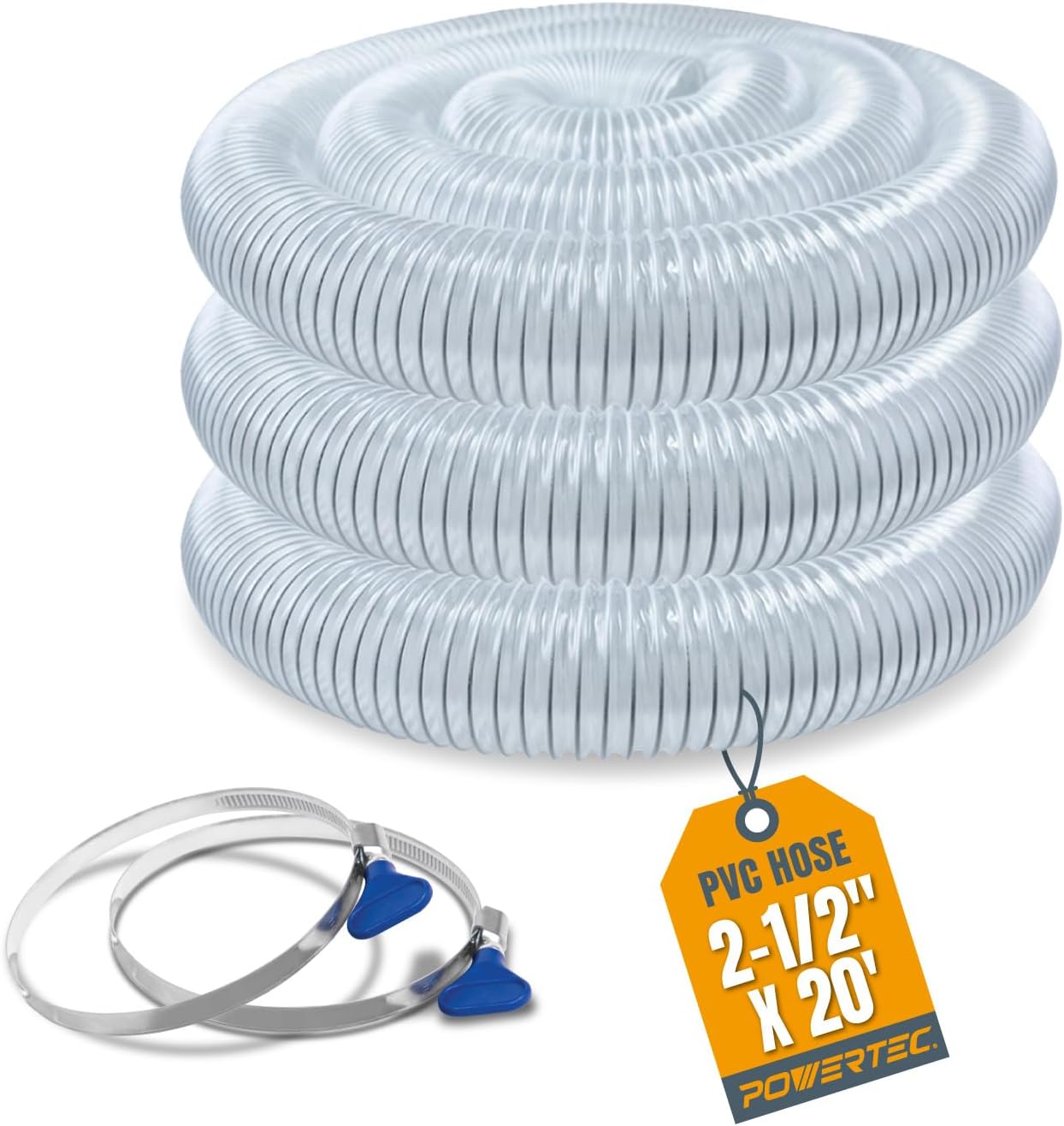 POWERTEC 2-1/2in x 20ft PVC Dust Collection Hose for Woodworking