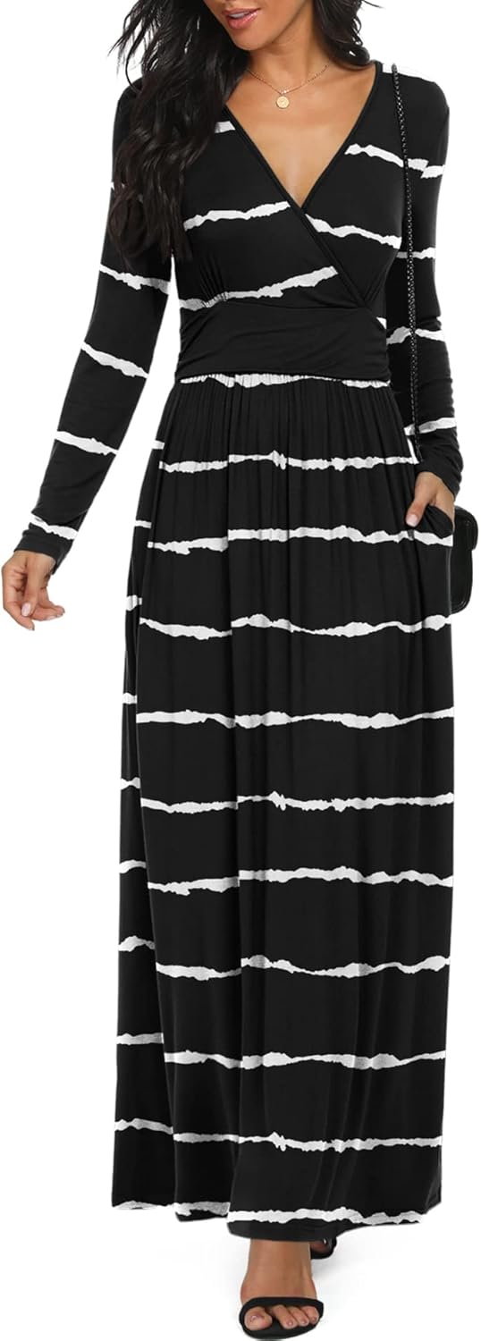 LILBETTER Women Long Sleeve Deep V Neck Maxi Casual Dress