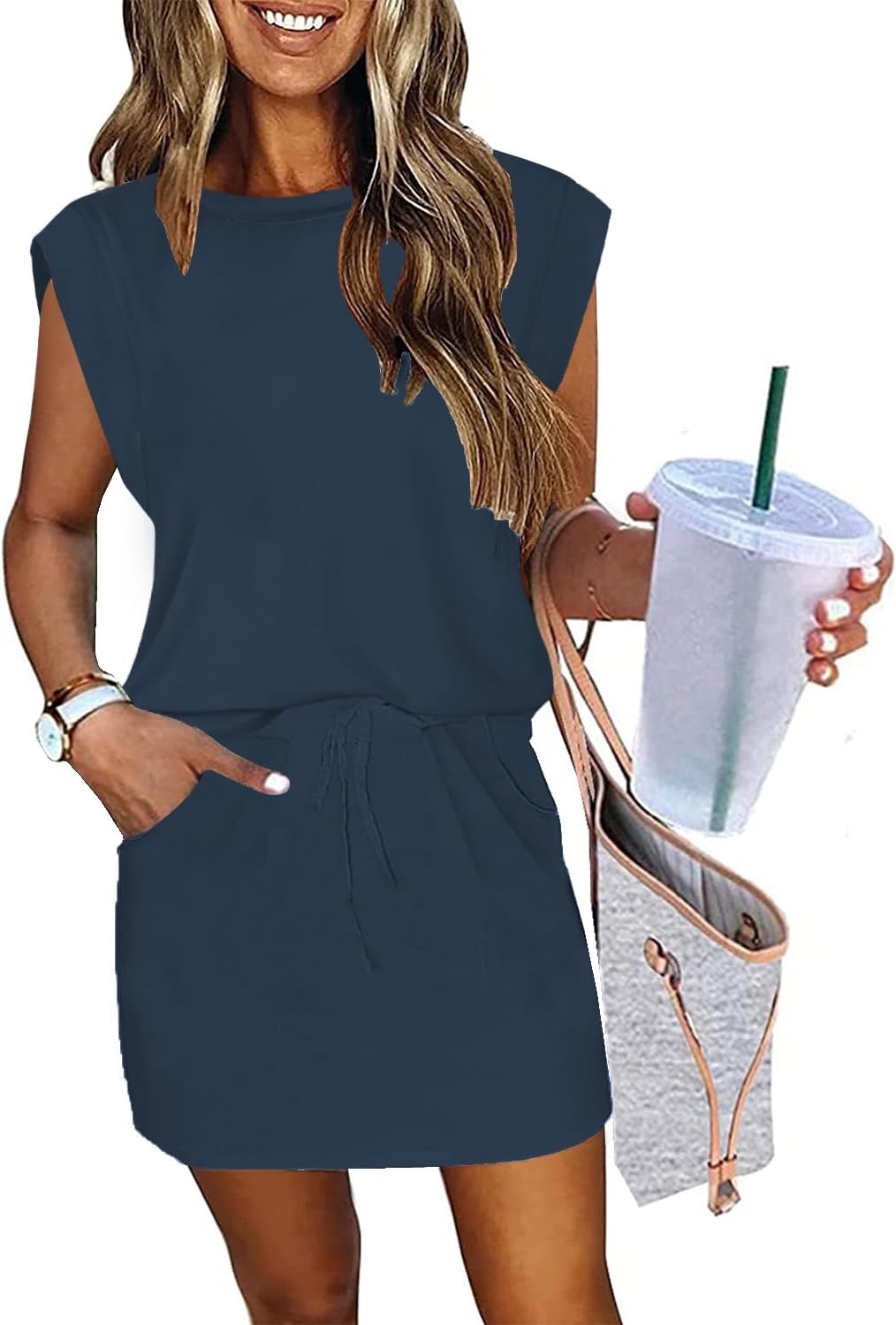 Womens Cap Sleeve Summer Dress with Tie Front and Pockets