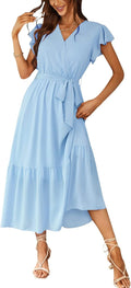 Summer Floral Boho Maxi Dress Wrap V Neck - Flowy Ruffle A-Line Shoes
