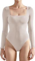 Women Square Neck Long Sleeve Bodysuit Thong - Double Layer Comfort