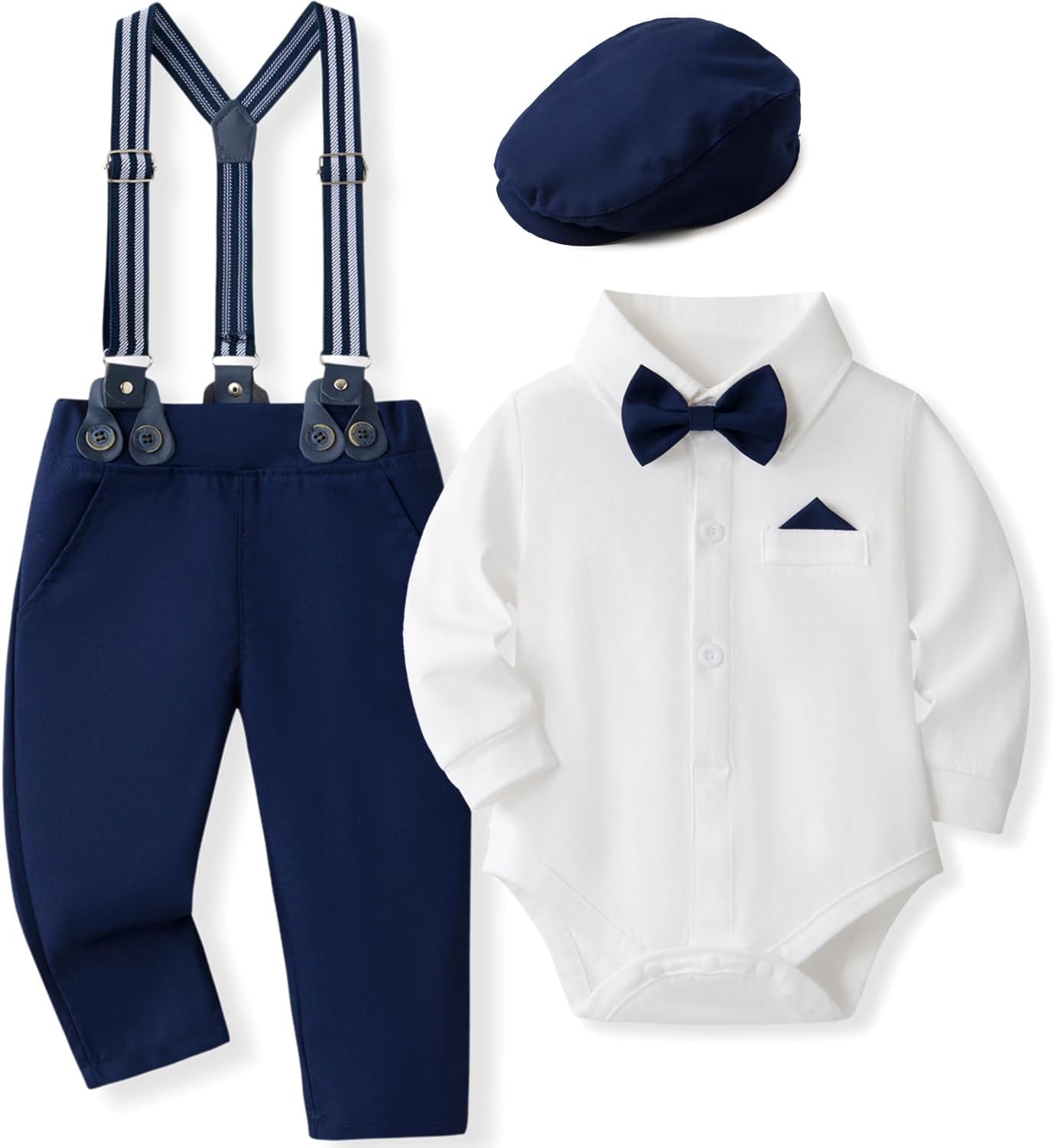 Baby Boy Dress Suit Set with Bowtie and Suspenders for Events