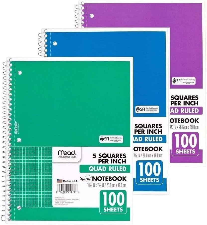 Spiral Quad Rule Notebook, 100 Sheets, Mead