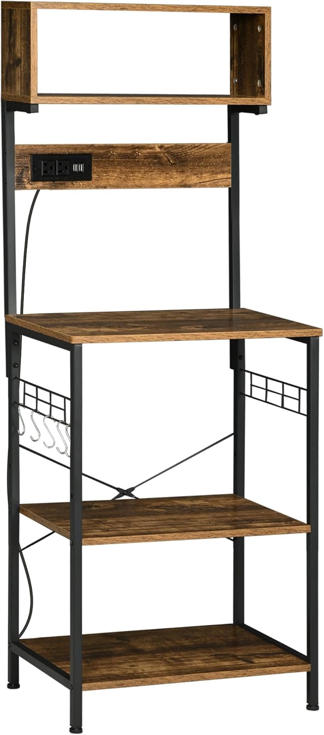 HOMCOM Rustic Brown Bakers Rack: Power Outlet, USB Charger, Adjustable Shelves