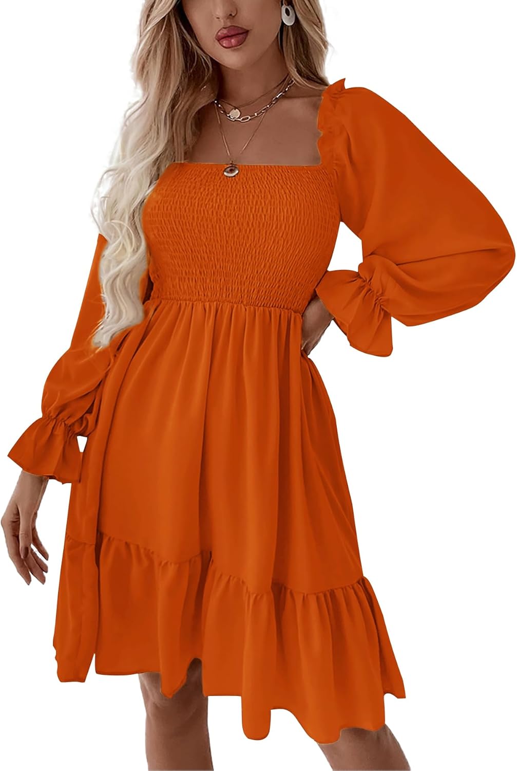 LYANER Women's Square Neck Lantern Long Sleeve Mini Dress