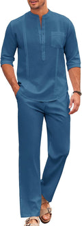 Men's 2 Piece Cotton Sets Cuban Henley Shirt and Loose Pants - Beach