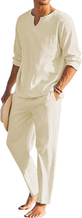 Cotton Linen Henley Shirt and Casual Beach Pants Set - Breathable
